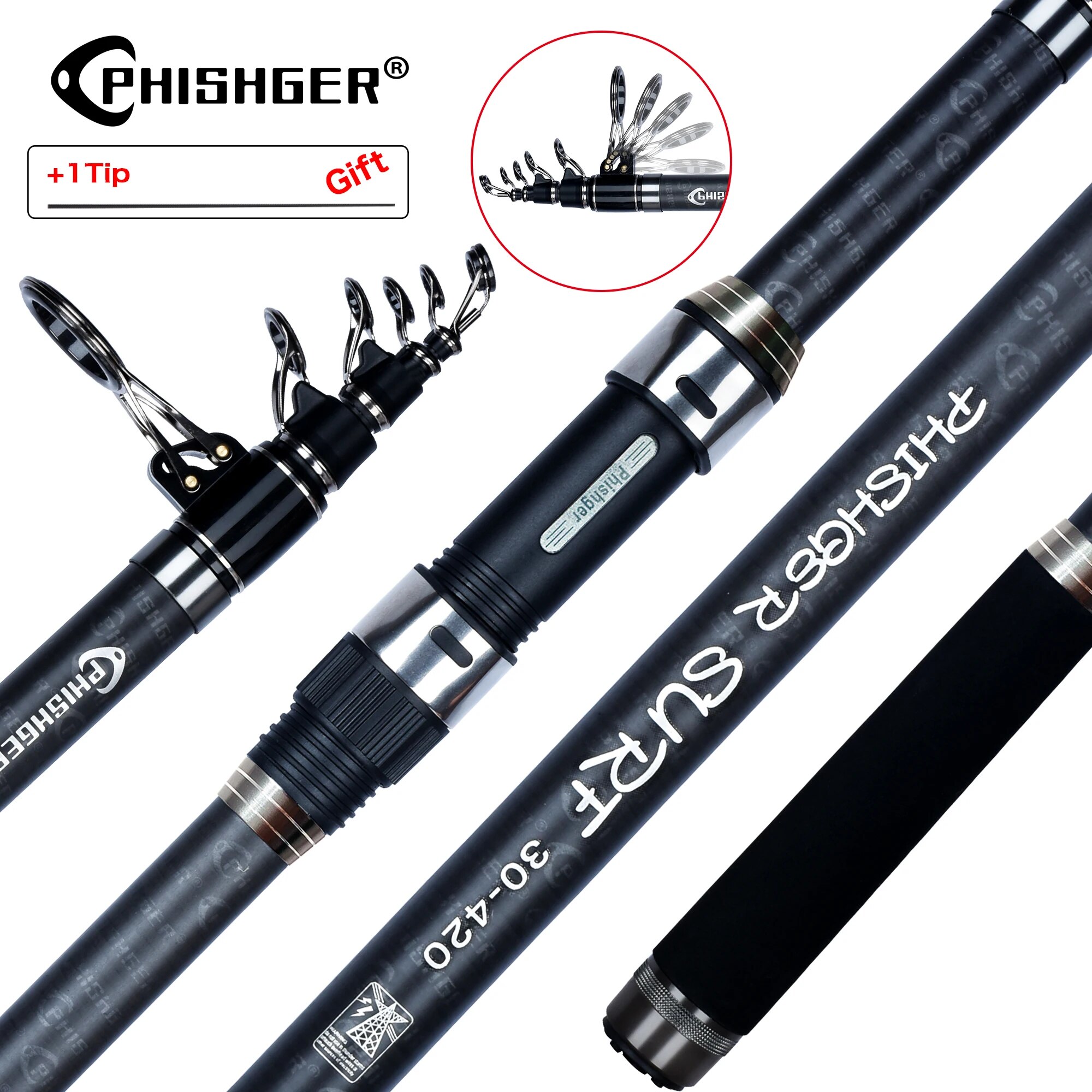 Fishing Rod Surf - Phishger-伸縮式サーフスピニングロッド,カーボンフィッシングポール,サーフキャスティング,海岸キャスティング,ベイトフィッシングポール,トラベルサーフキャスティング,30t,3.6 m, 4.2 m, 4.5m, Power80-150g