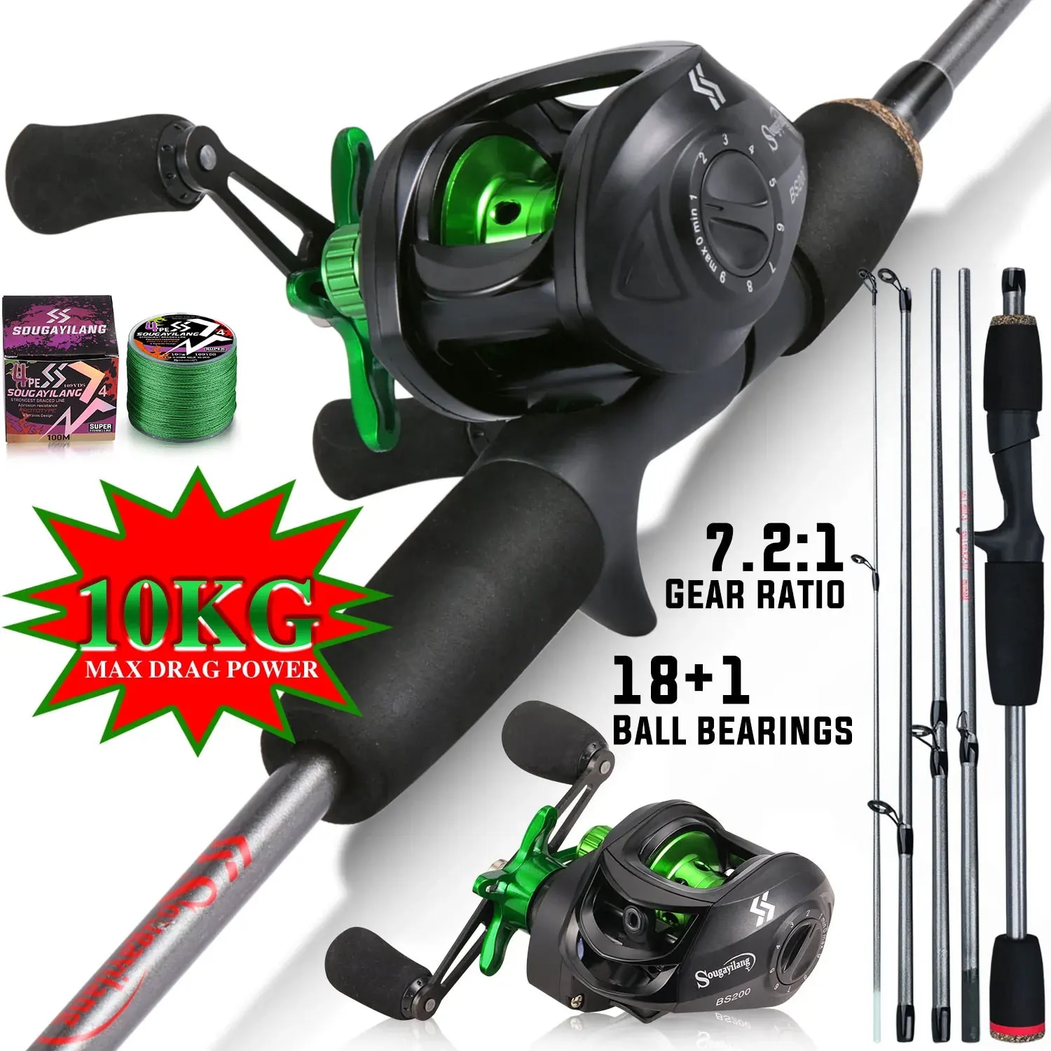Fishing Rod Carbon Fiber - Sougayilang 釣り竿コンボ 1.7 メートルカーボンファイバーキャスティングロッドとベイトキャスティングリール、無料 Pe ライン最大ドラッグ