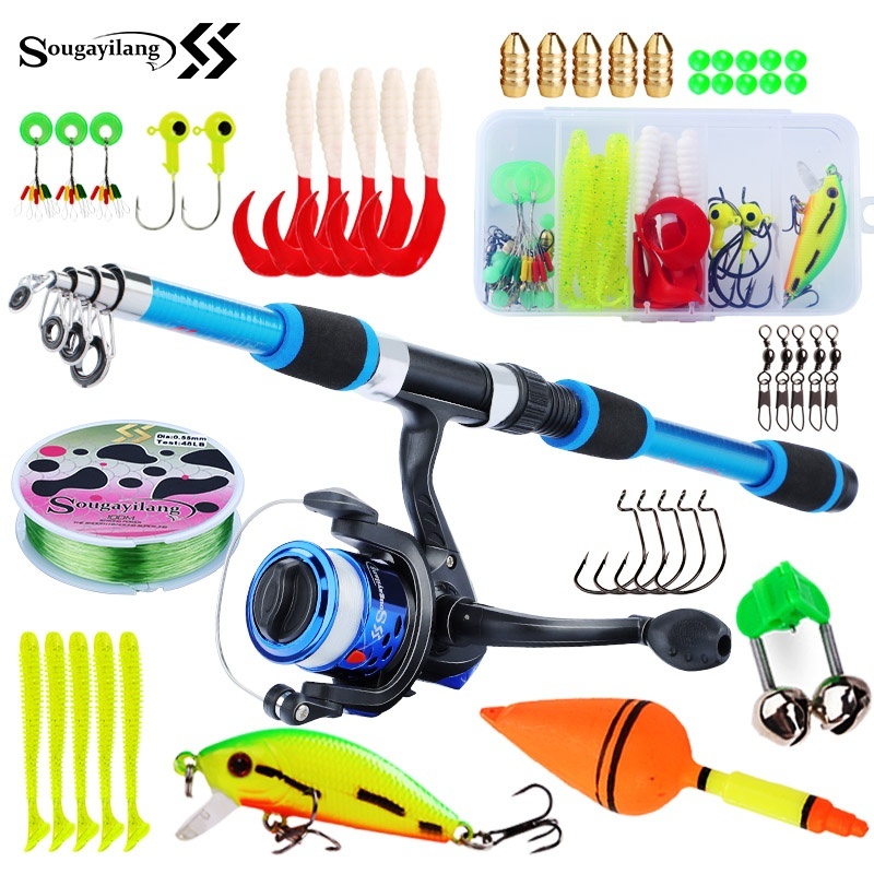 Fishing Rod Combo - Sougayilang-子供用の完全な釣り竿セット,伸縮式釣り竿セット,スピニングリール,ベイトフック,塩水旅行キット